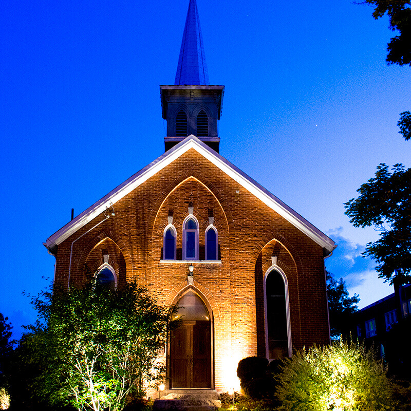 church with outdoor lighting
