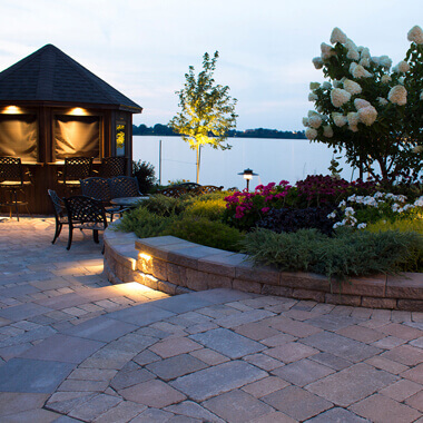 Outside patio with harscape lighting
